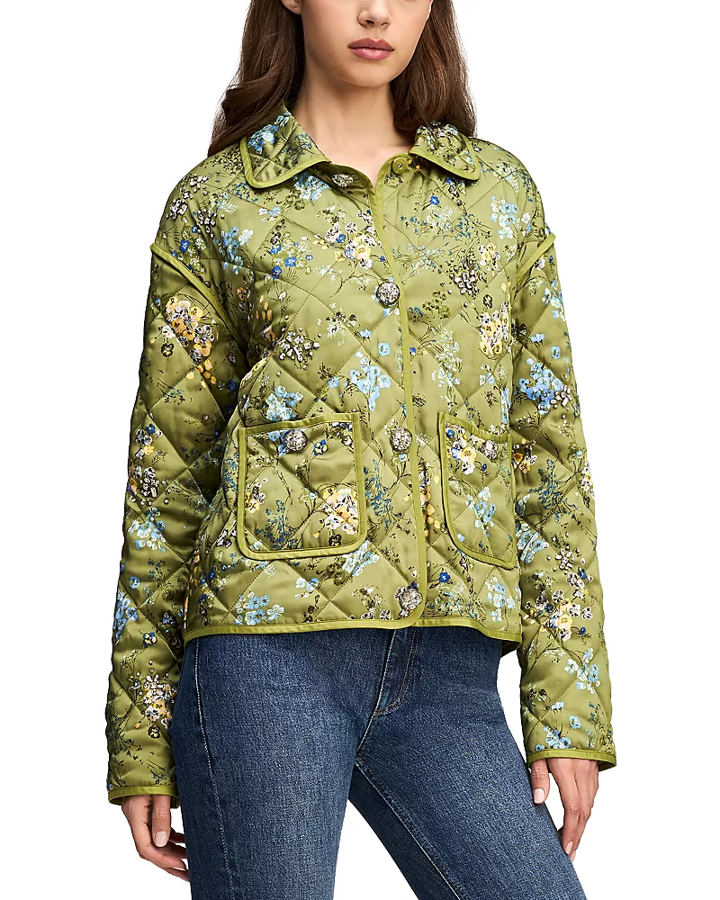 Cinq a Sept Hand Sketched Floral Alexa Quilted Jacket