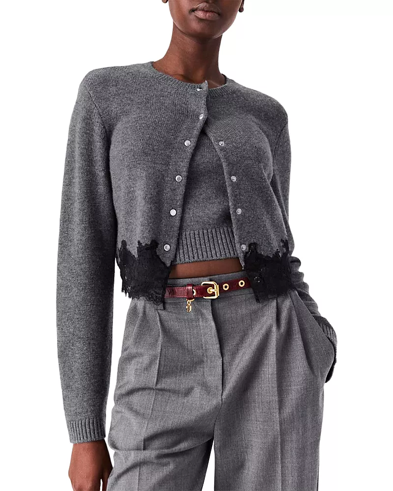 Maje Midentelle Lace Trim Wool Cardigan & Shell
