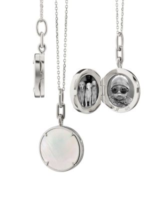 Sterling Silver Slim Lockets Mother of Pearl Round Pendant Necklace, 16-18"