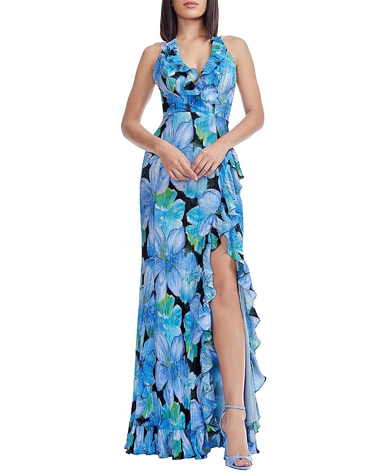 Dress the Population Kathleen Halter Plunge Floral Print Ruffle Slit Gown