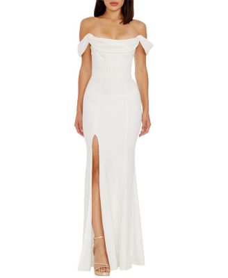  Melania Off-the-Shoulder Draped Bustier Gown