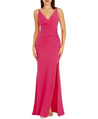  Jordan Plunge Neck Ruched High Slit Gown