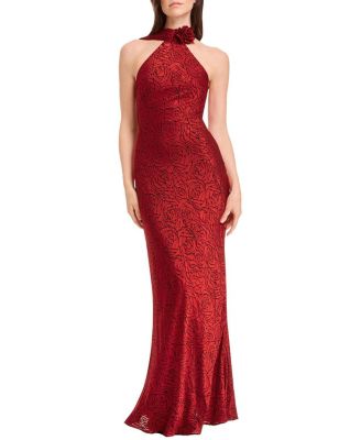  Olivia Halter High Neck Rose Print Rosette Gown