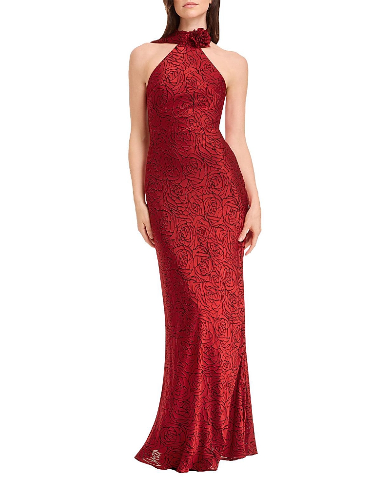 Dress the Population Olivia Halter High Neck Rose Print Rosette Gown