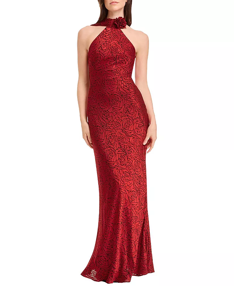 Dress the Population Olivia Halter High Neck Rose Print Rosette Gown