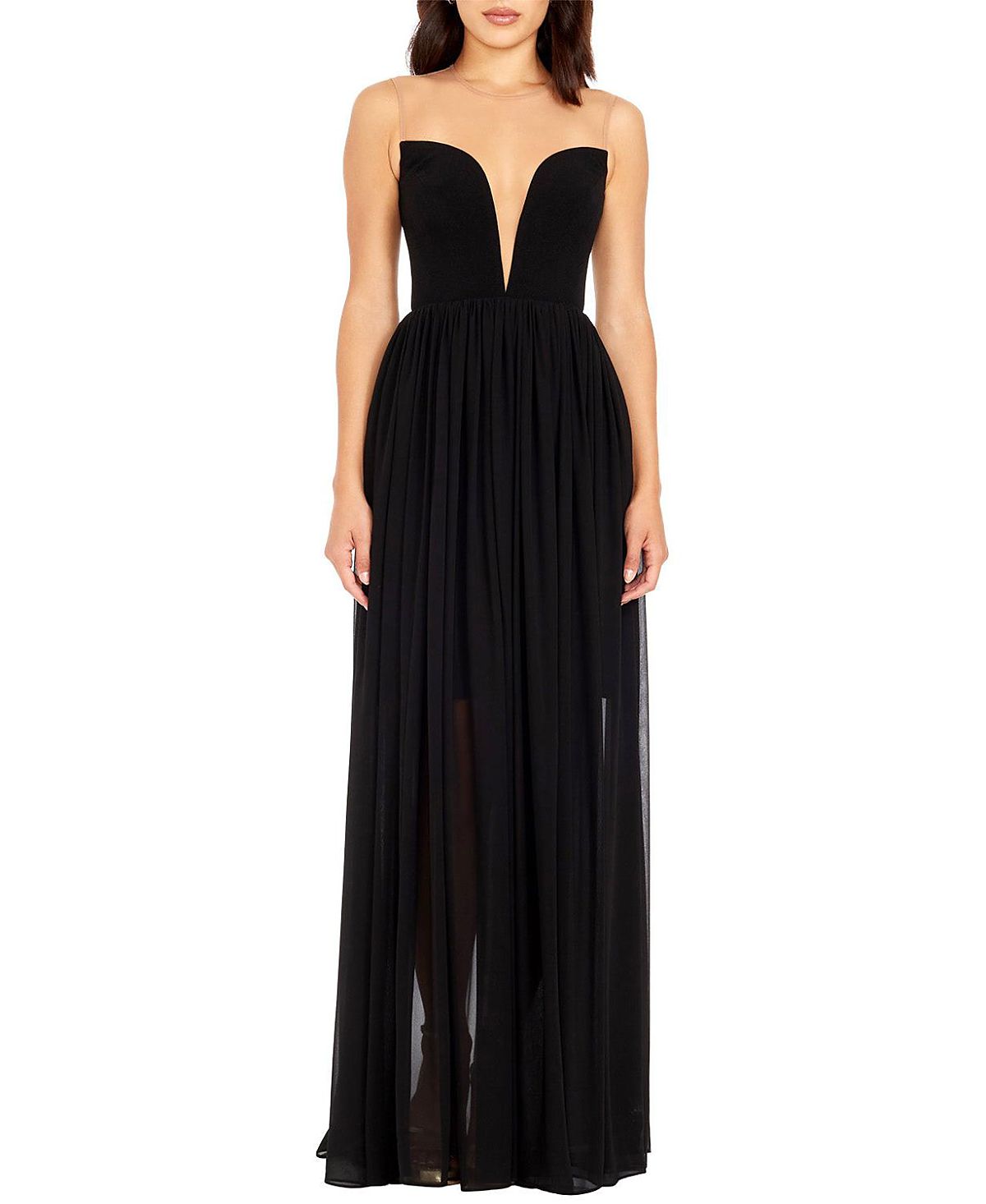Dress the Population Eleanor Illusion Neck Plunge Bustier Chiffon Gown