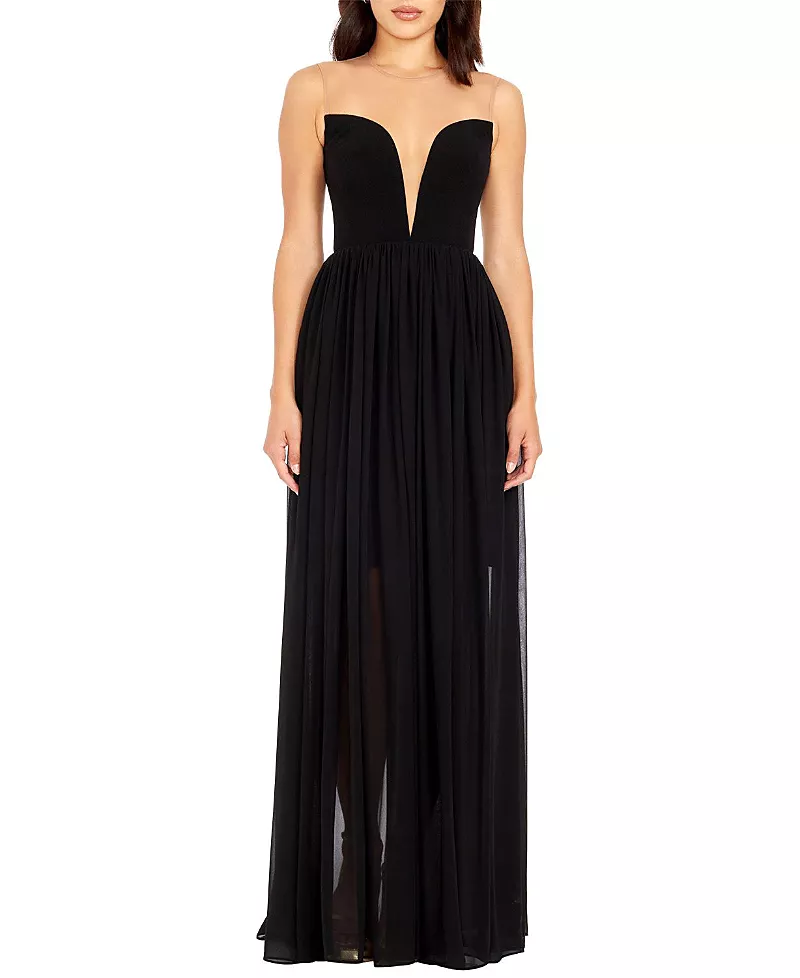 Dress the Population Eleanor Illusion Neck Plunge Bustier Chiffon Gown