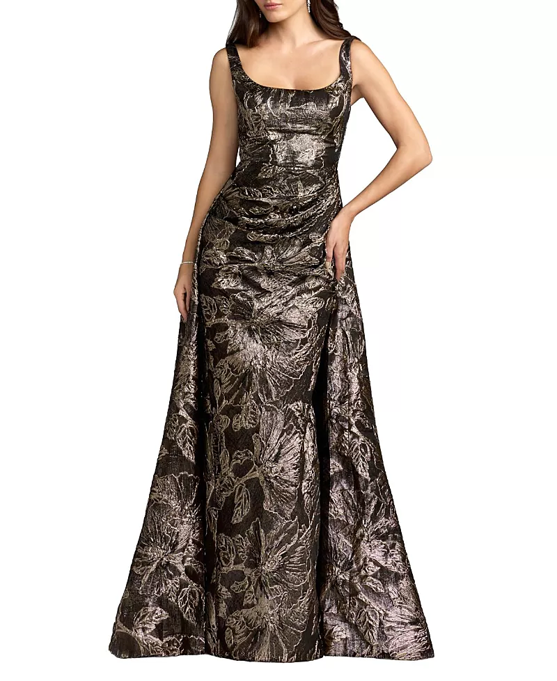 Mac Duggal Brocade Sleeveless Square Neck Gown With Overskirt