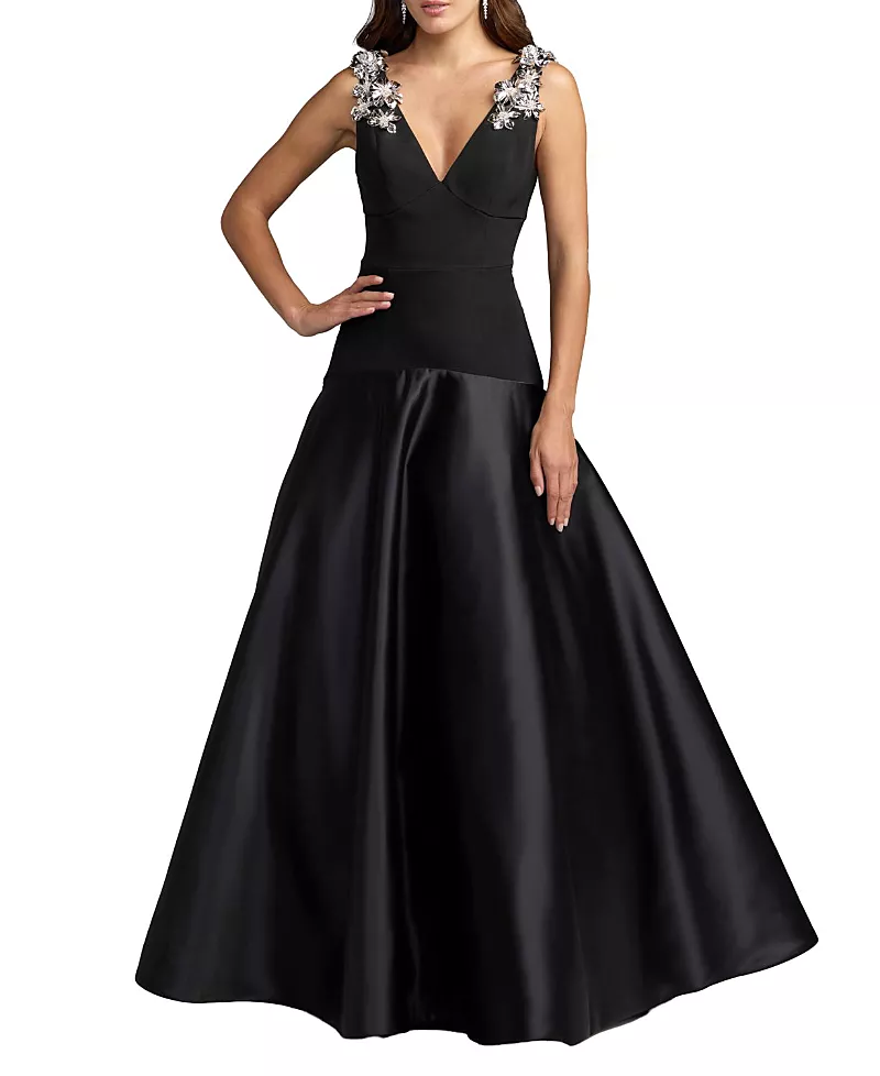 Mac Duggal Crepe And Satin Plunging V-Neck Ball Gown