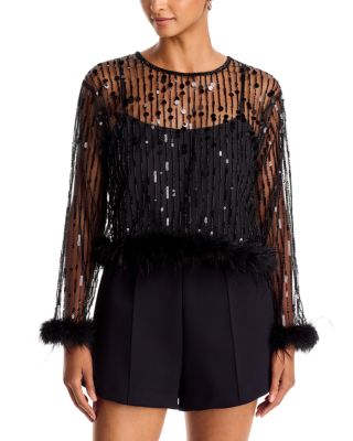 Sequin & Feather Trim Long Sleeve Top - Exclusive