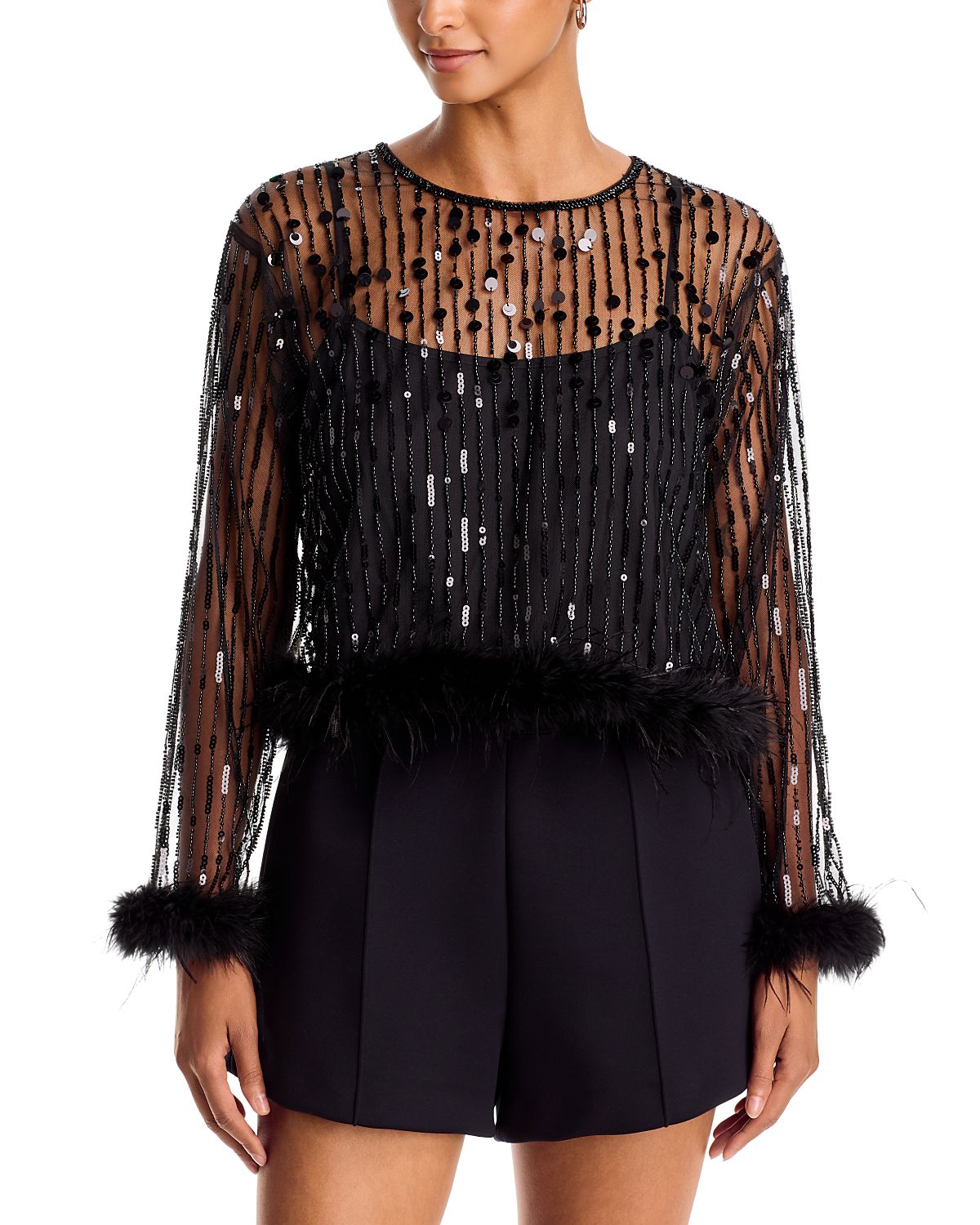 Aqua Sequin & Feather Trim Long Sleeve Top - Exclusive