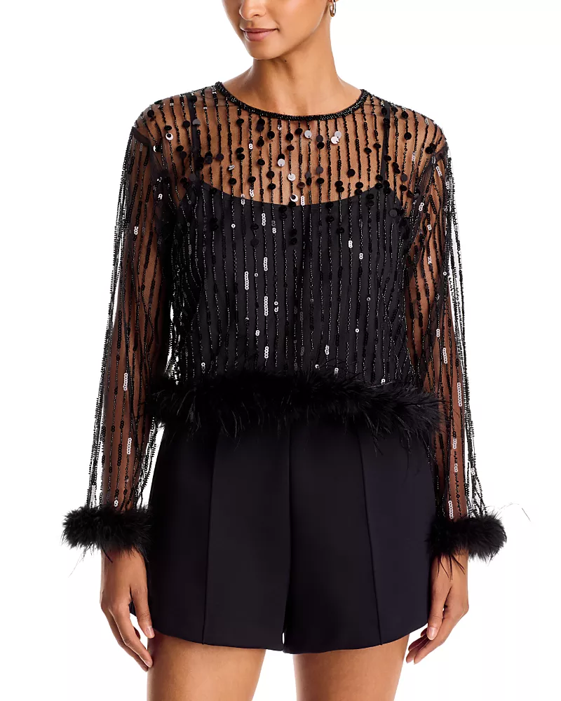 Aqua Sequin & Feather Trim Long Sleeve Top - Exclusive