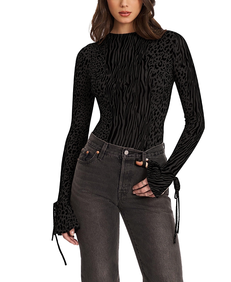 Miss Circle Ibera Print Burnout Velvet Long Sleeve Bodysuit