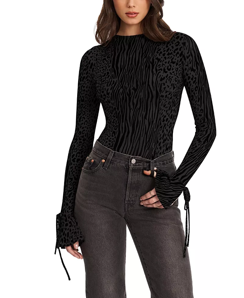 Miss Circle Ibera Print Burnout Velvet Long Sleeve Bodysuit