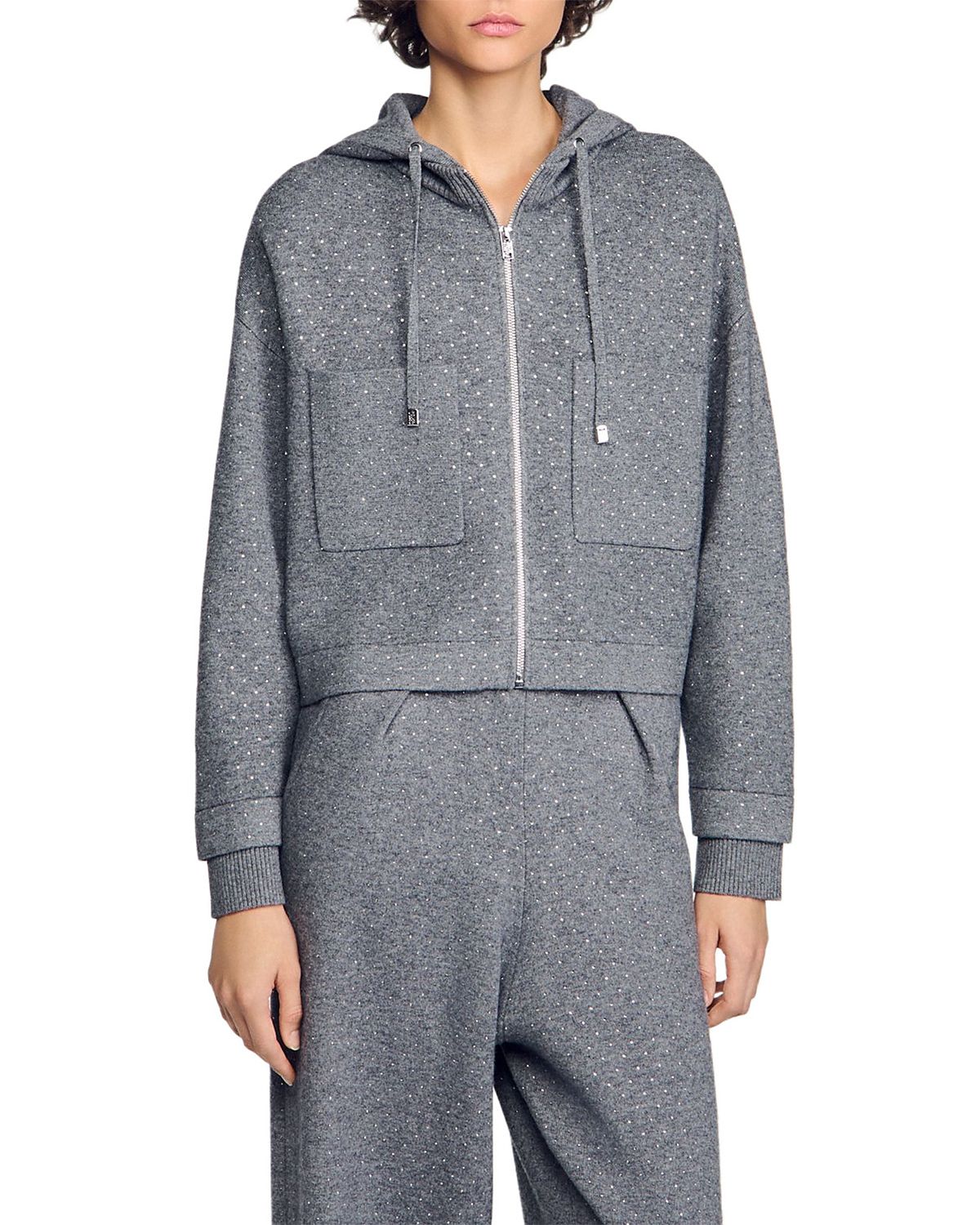 Sandro Luce Hooded Rhinestone Zip Cardigan