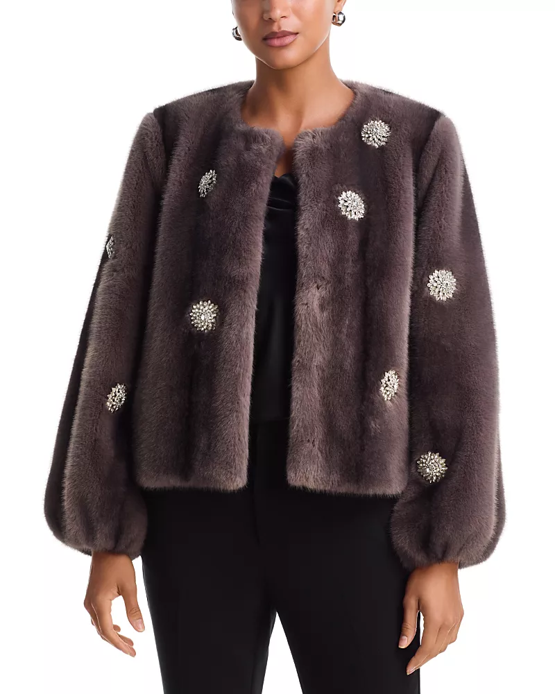 Cinq a Sept Rhinestone Dahlia Faux Fur Benson Coat