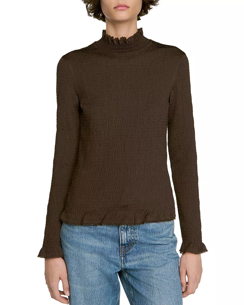 Sandro Lya Smocked Mock Neck Top