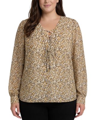 Long Sleeve Lace Up Front Woven Blouse