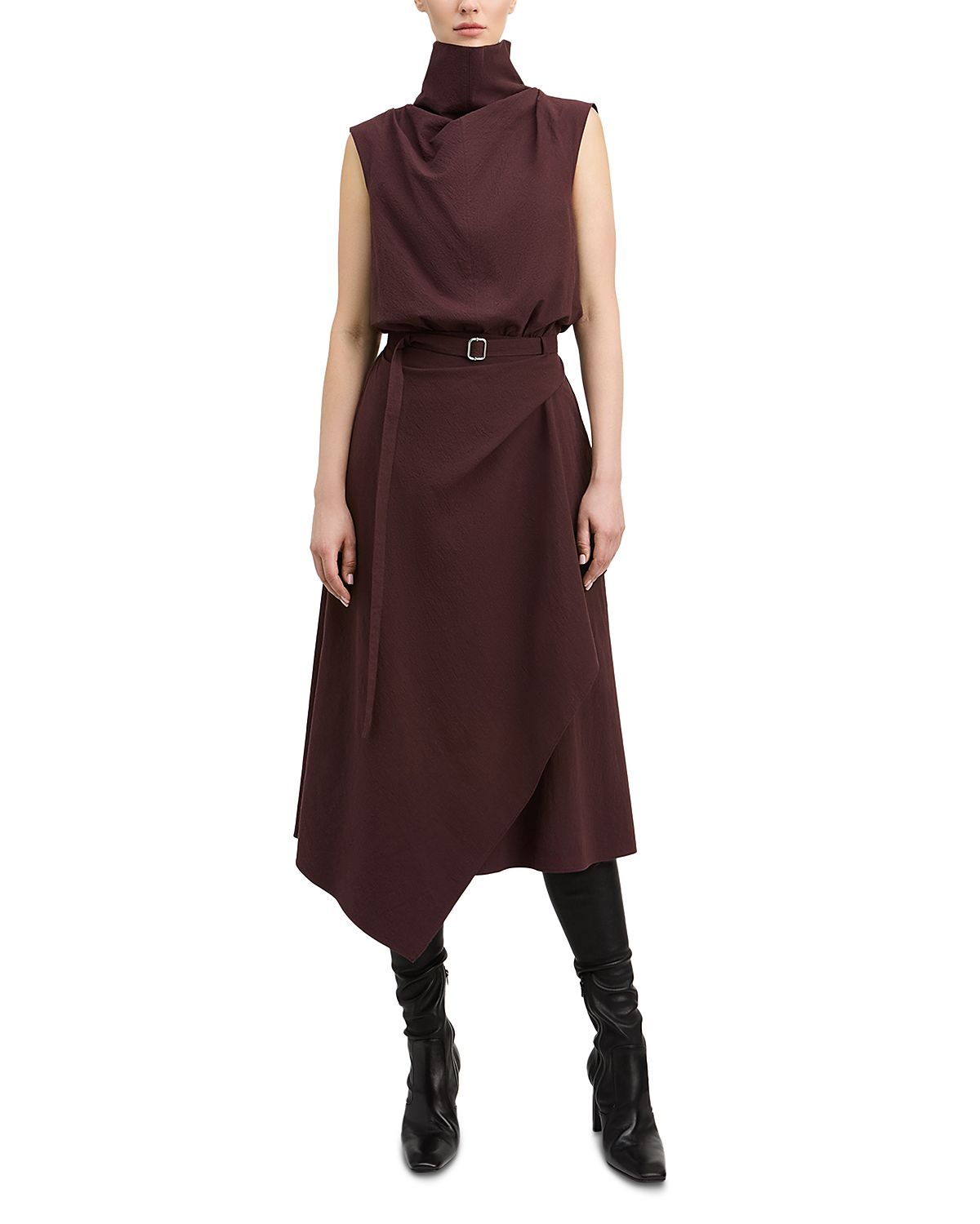 Derek Lam Debbie Cotton Stretch Funnel Neck Belted Dress