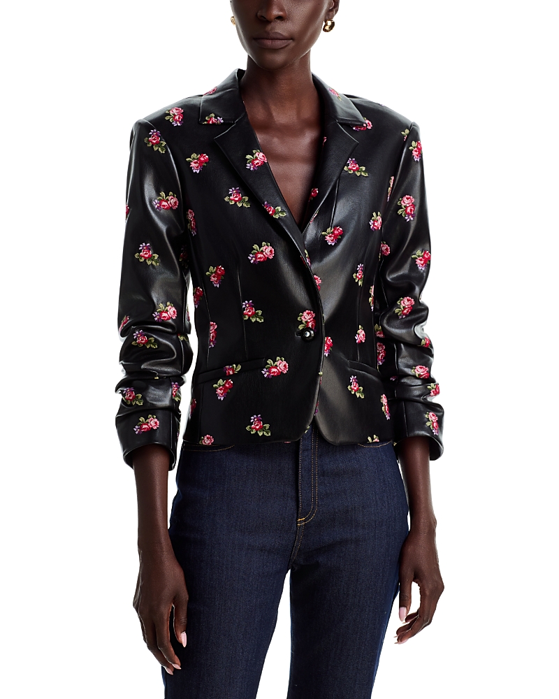 Cinq À Sept Cinq A Sept Khloe Tossed Roses Le Peti Faux Leather Blazer In Black