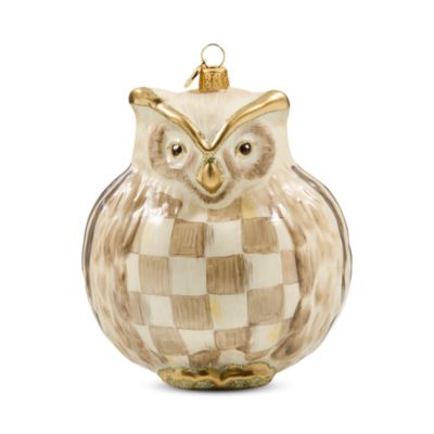Mocha Check Owl Glass Ornament