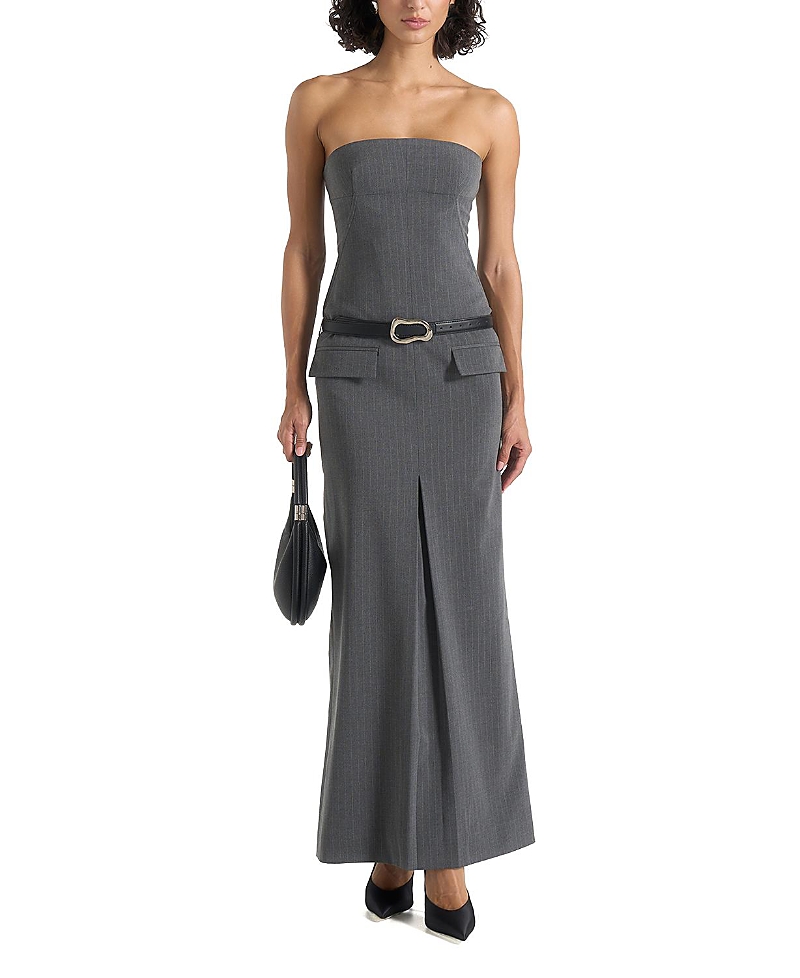 Maniere De Voir Tabitha Tailored Pinstripe Bandeau Belted Maxi Dress