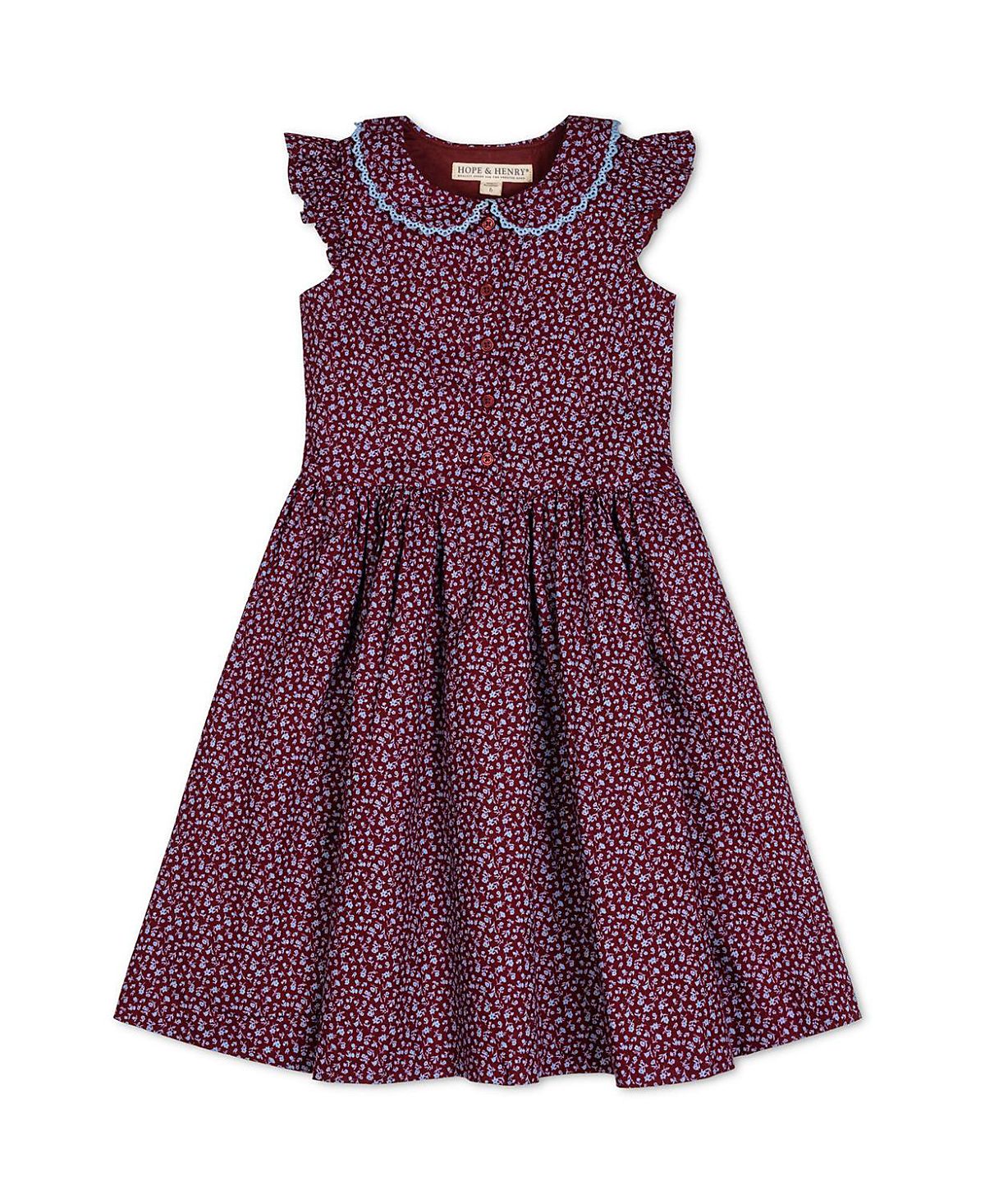 Hope & Henry Girls' Flutter Sleeve Linen Dress with Peter Pan Collar - Little Kid, Big Kid
