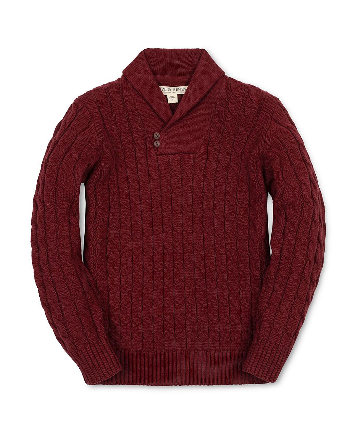 Hope & Henry Unisex Organic Long Sleeve Shawl Collar Cable Sweater with Elbow Patches