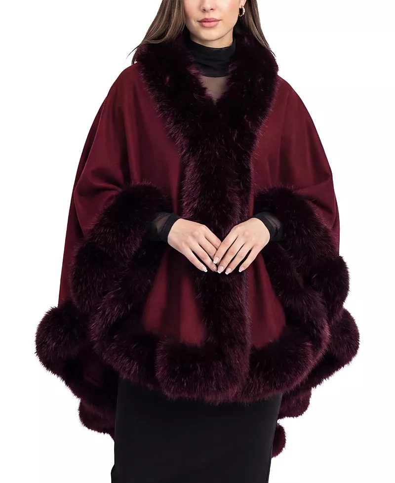 Lyla Grant Cashmere & Wool Blend Cape with Faux Fur Fox Trim
