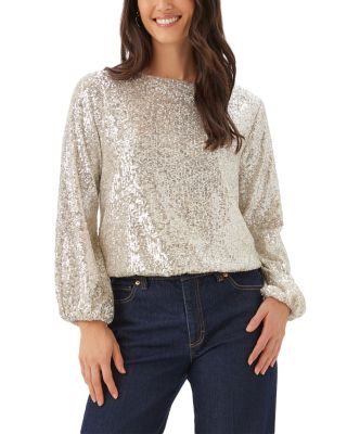 Boat Neck Blouson Sleeve Sequin Top