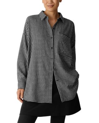Wool Cotton Check Classic Collar Long Shirt