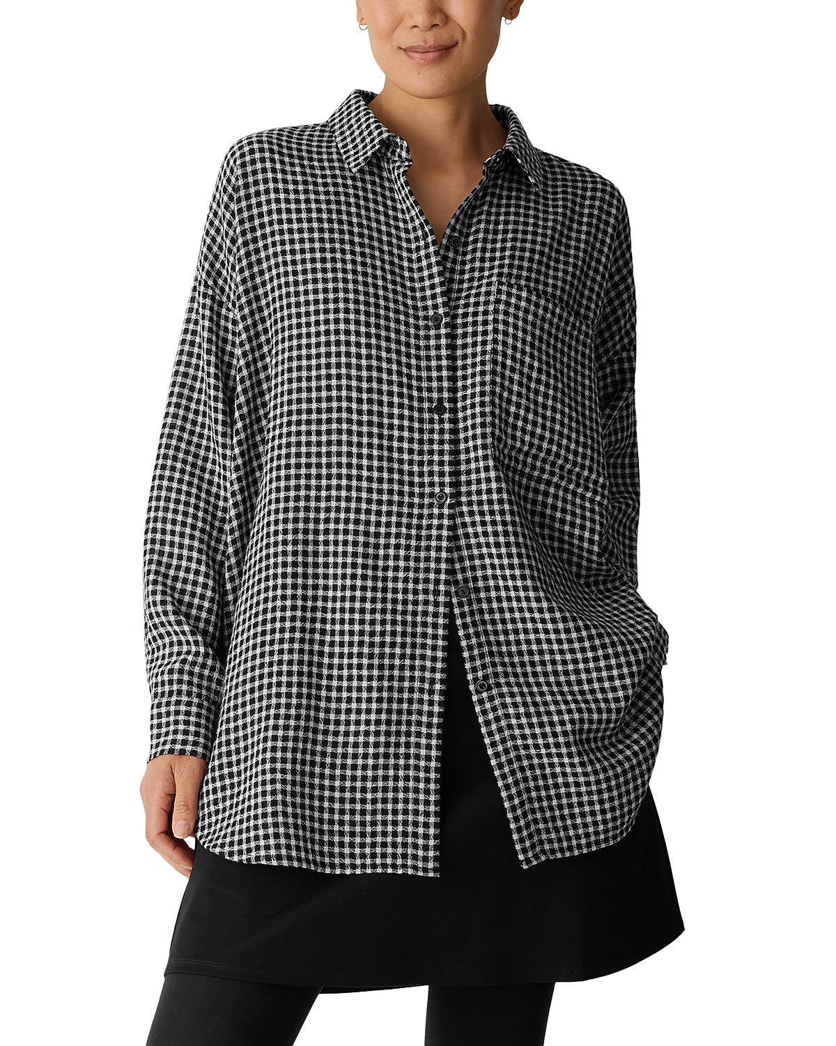 Eileen Fisher Wool Cotton Check Classic Collar Long Shirt