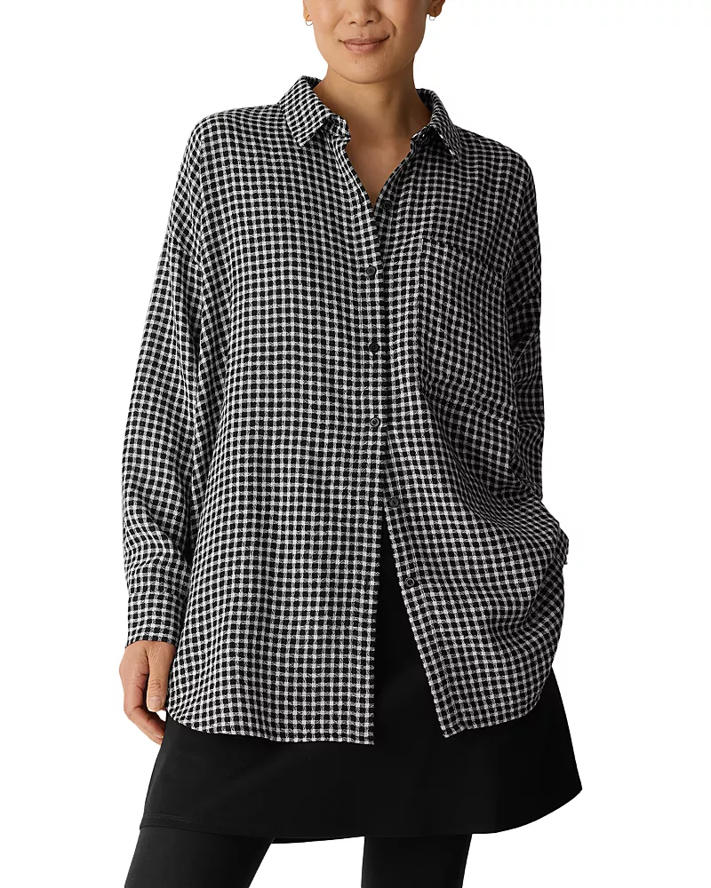 Eileen Fisher Wool Cotton Check Classic Collar Long Shirt