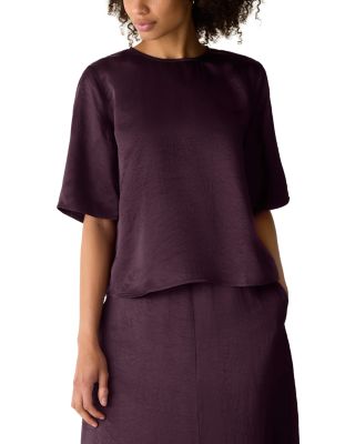 Textured Satin Round Neck Elbow Sleeve Top