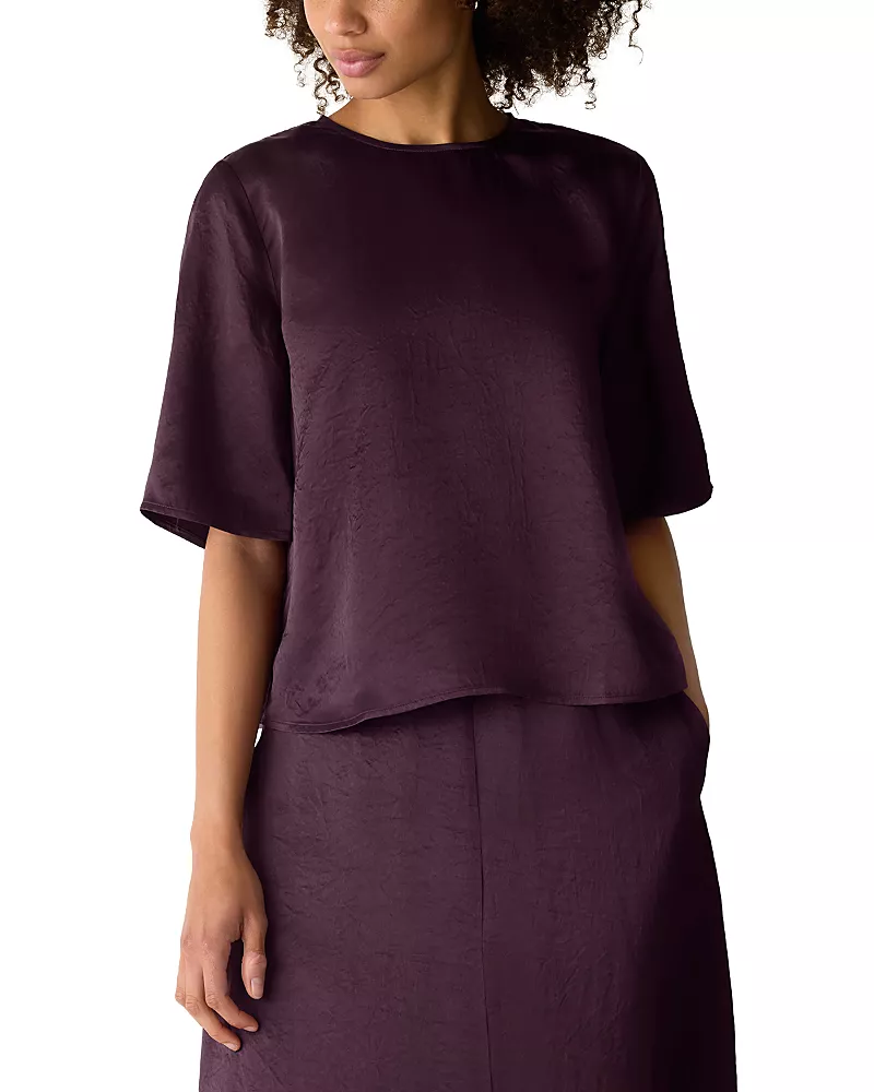 Eileen Fisher Textured Satin Round Neck Elbow Sleeve Top