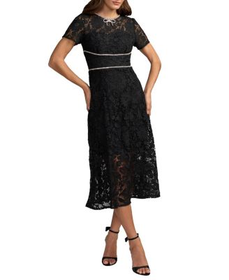  Short Sleeve Lace Midi Dress With Rhinestone Trim