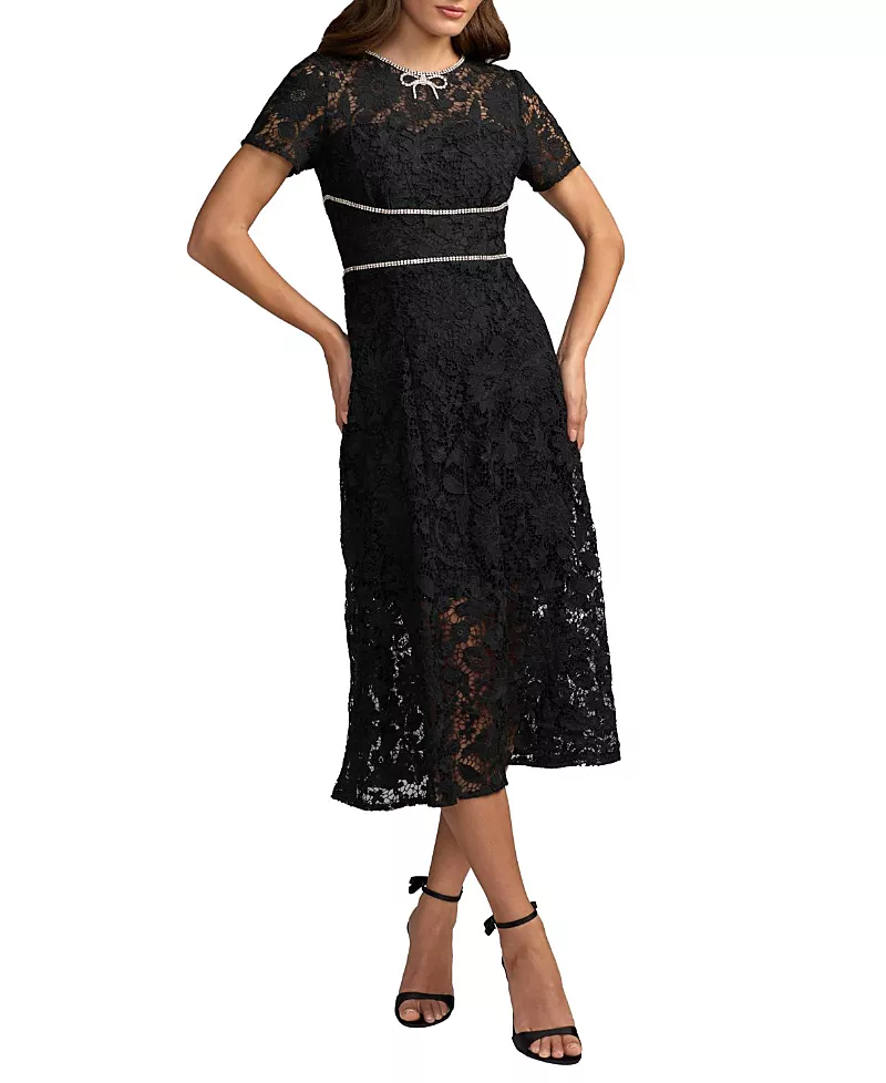 Mac Duggal Short Sleeve Lace Midi Dress With Rhinestone Trim