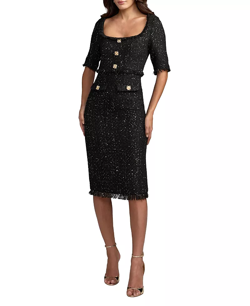 Mac Duggal Boucle Square Neck Elbow Sleeve Fitted Midi Dress