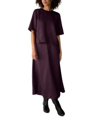 Textured Satin Round Neck Elbow Sleeve Top and Maxi Skirt