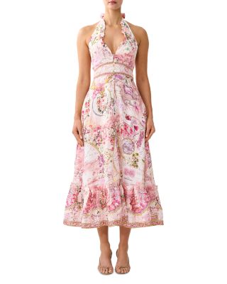 Linen Ruffle Halter Neck Midi Dress