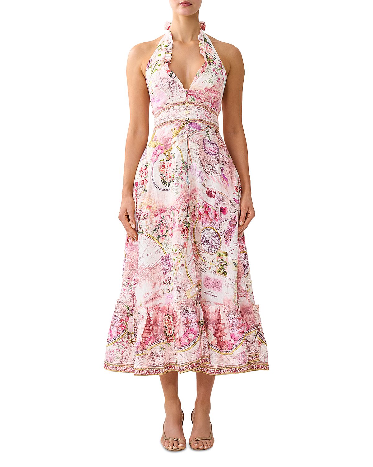 Camilla Linen Ruffle Halter Neck Midi Dress