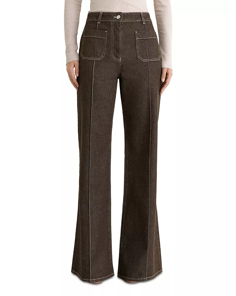 Reiss Cotton Stretch Sakura High Rise Flare Jeans in Brown