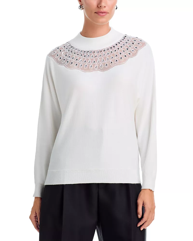 T Tahari Crystal Embellished Yoke Mock Neck Sweater