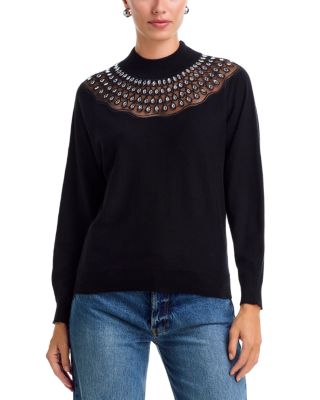 Crystal Embellished Yoke Mock Neck Sweater