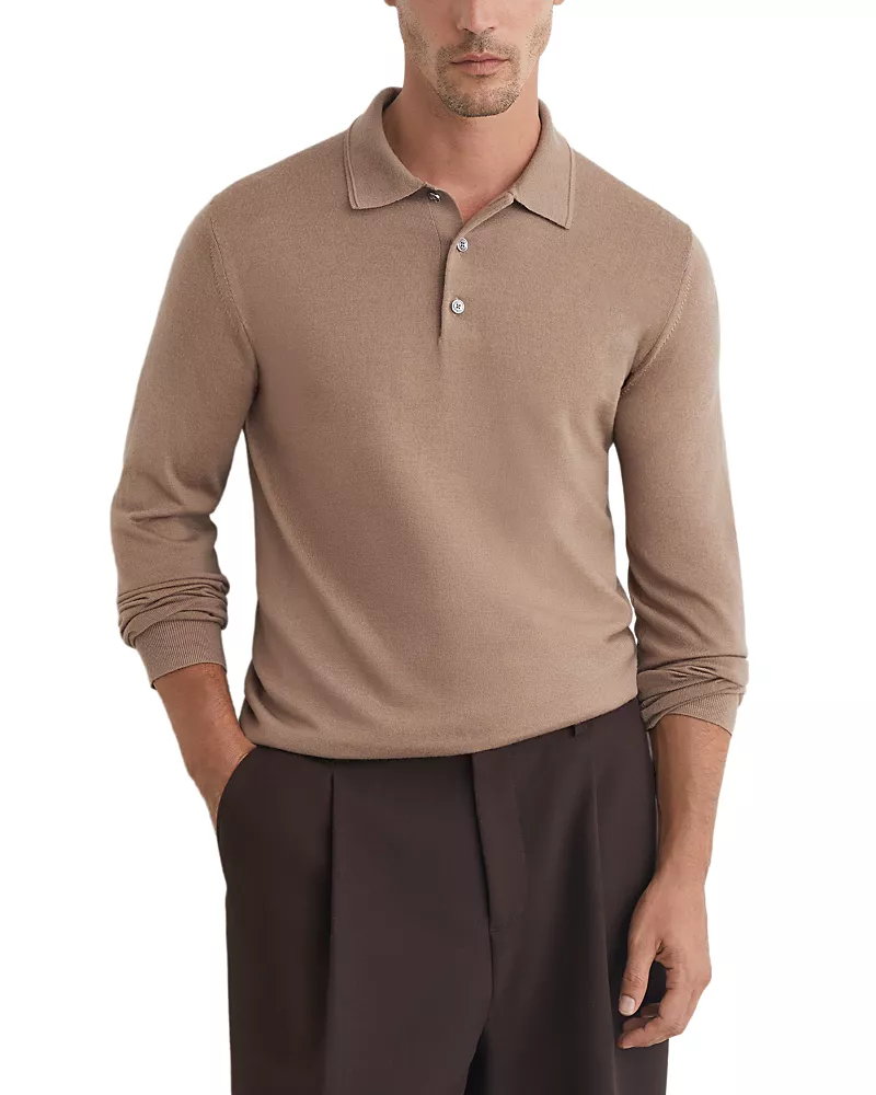 Reiss Camel Brown Wool Slim Polo Shirt