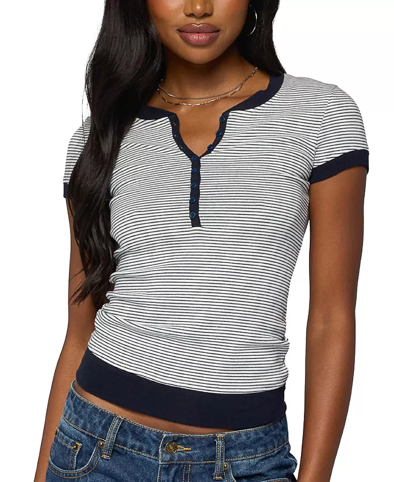 Edikted Regin Striped Ribbed Henley Top
