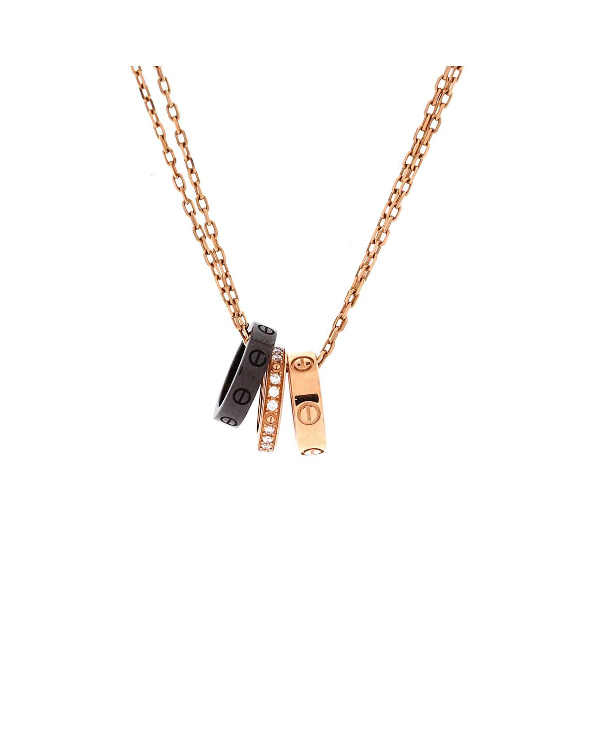 Pre-Owned Cartier Love 3 Ring Pendant Necklace 18K Rose Gold and Ceramic with Diamonds