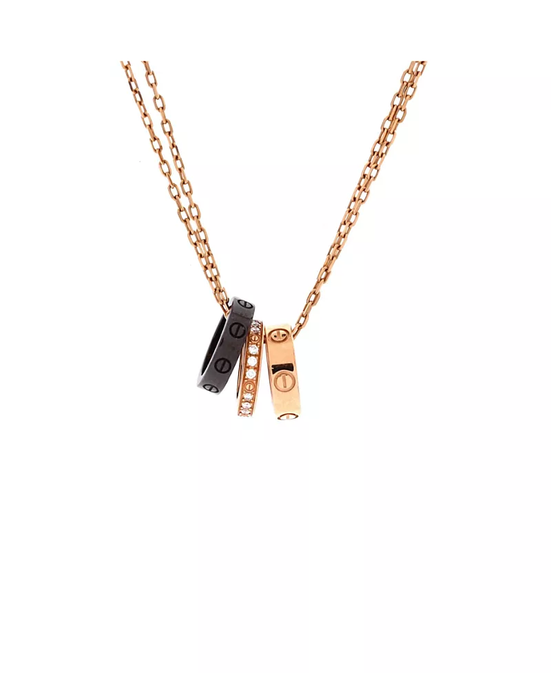 Pre-Owned Cartier Love 3 Ring Pendant Necklace 18K Rose Gold and Ceramic with Diamonds, 16.5