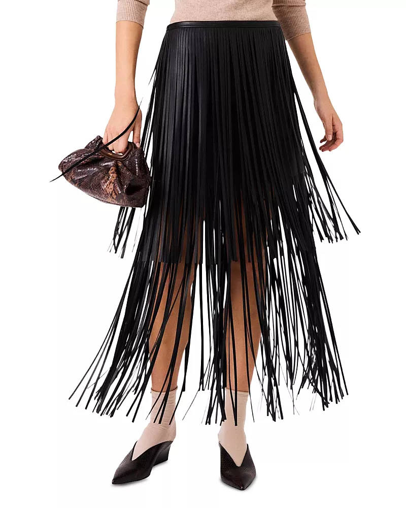 Maje Fringed Faux Leather Skirt