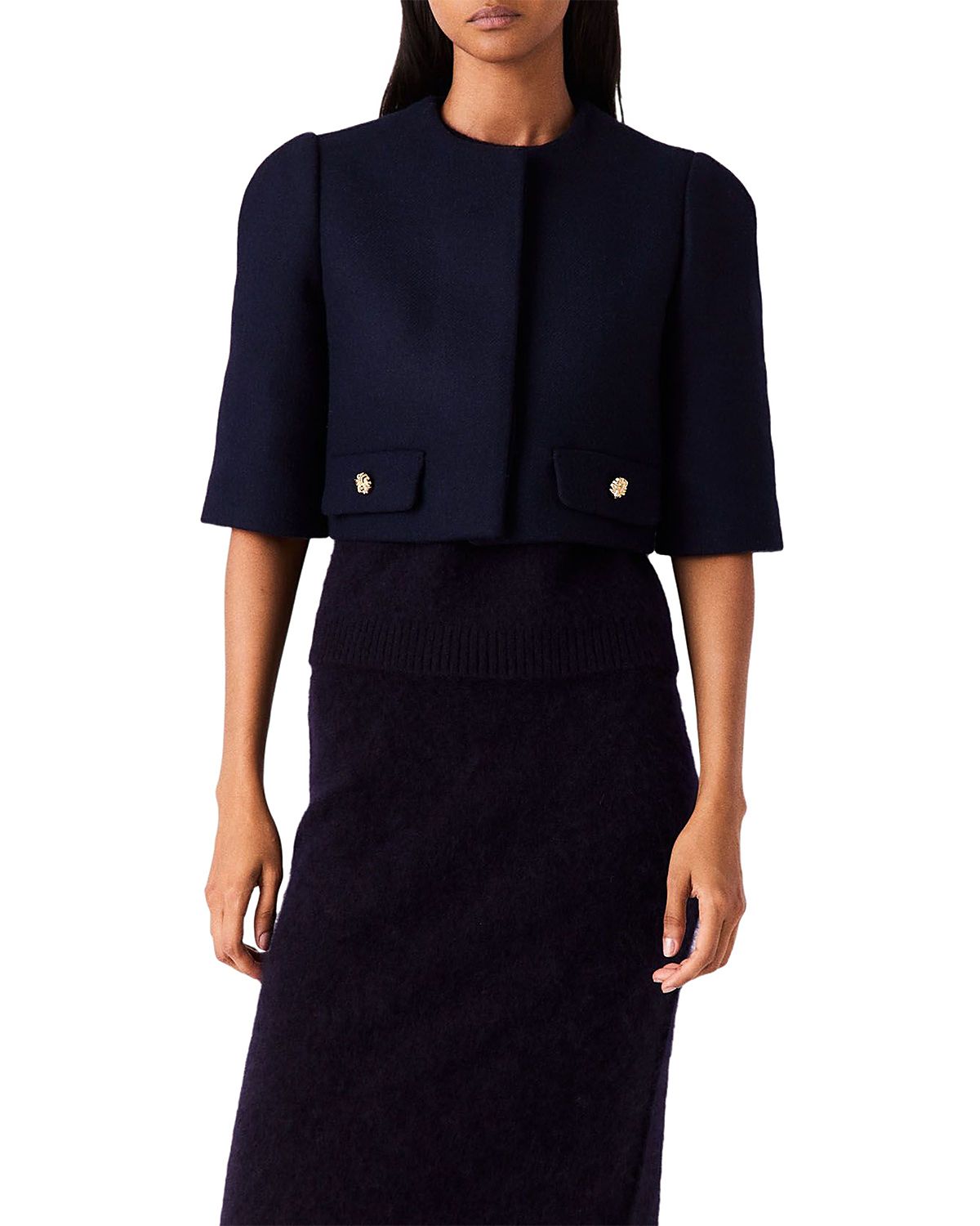 Maje Collarless Short Sleeve Crop Jacket